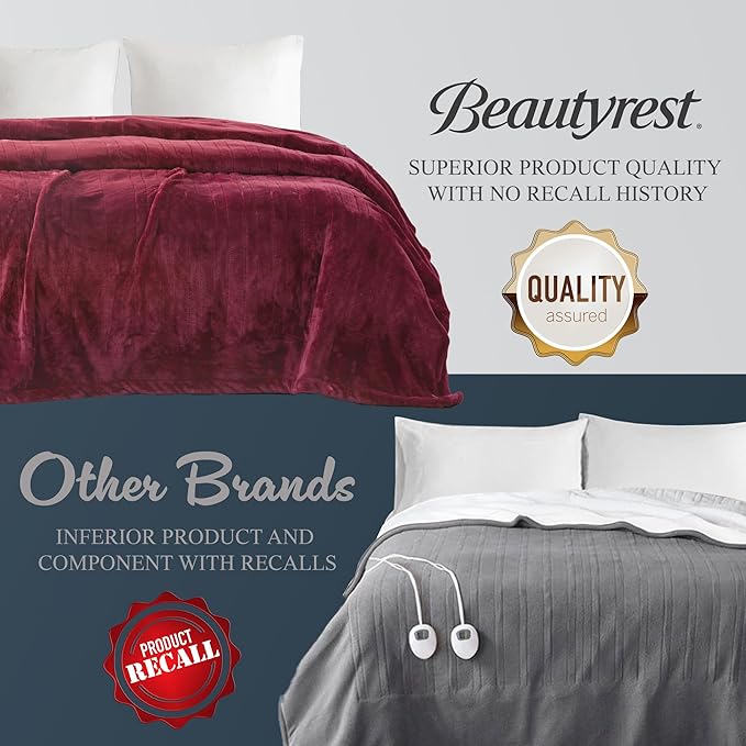 Beautyrest Heated Electric Blanket for Cold Weather, Fast Heating Heated Blanket, Auto Shut Off, Virtually Zero EMF, Multi Heat Setting, UL Certified, Red Full (84 inx80 in)
