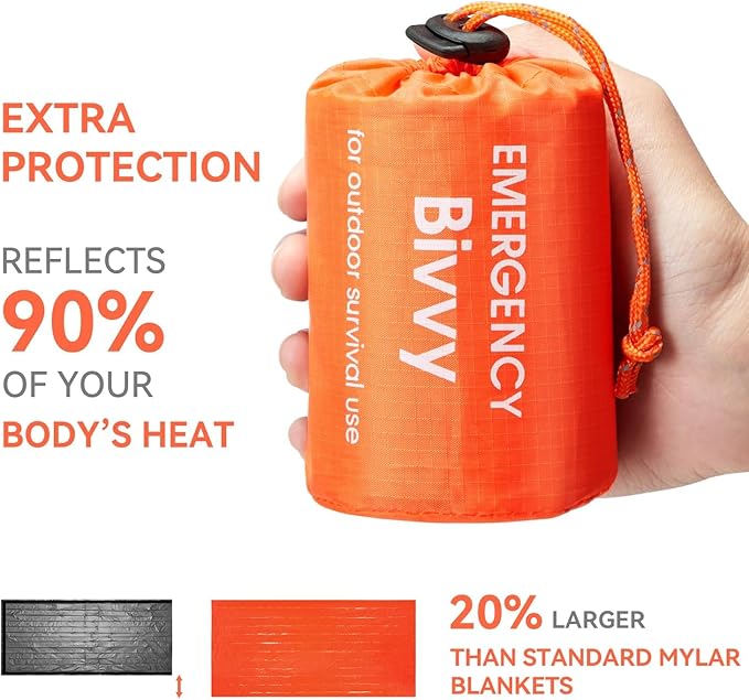 Emergency Sleeping Bag, Waterproof Thermal Bivy Sack for Camping, Bivvy Sack with Whistles,Ultralight Survival Gear with Compass for Hiking and Outdoor Adventures