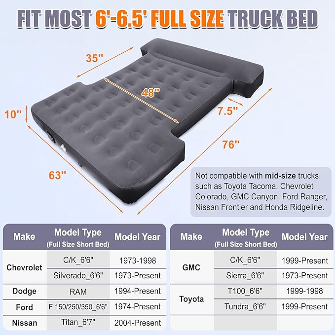 AYAMAYA Truck Bed Air Mattress with Built-in Cordless Rechargeable Pump, Inflatable Mattress with Pillow for 6-6.5ft Full Size Short Truck Beds, Portable Pickup Airbed for Outdoor Camping, Road Trip