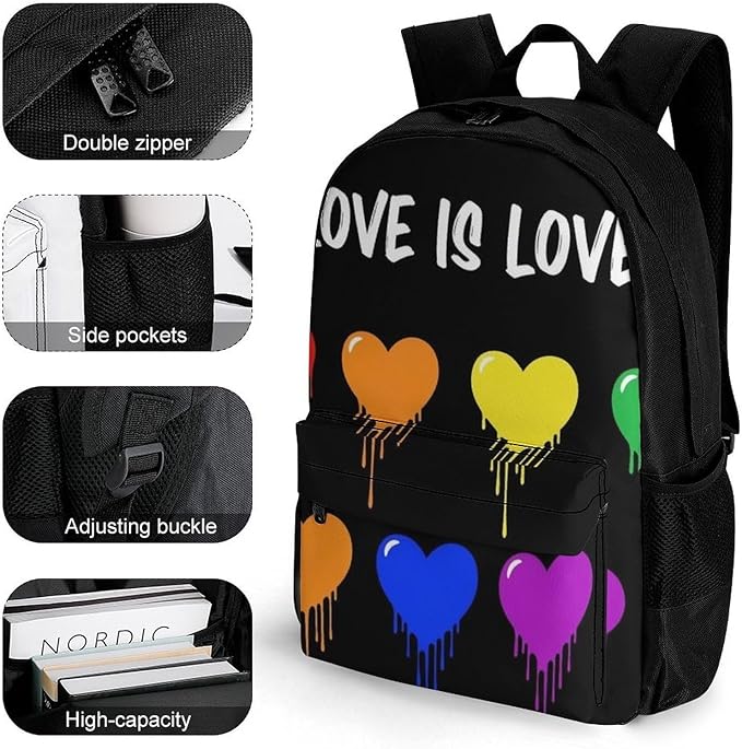 Lightweight Backpack for Gym Travel Bicycle, Big Capacity Multipurpose Anti-Theft Carry On Bag, Lgbt Pride Rainbow Heart Love Is Love Travel Hiking Bag Day Pack