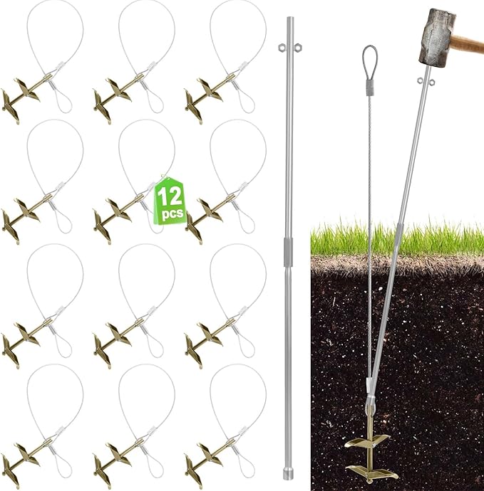 Earth Anchors for Trapping with Drive Rod Tool, 35" x 1/8" Galvanized Cable for Securing Camping Tents, Swing Set, Green House, (12 Pack) Double Layer Ground Earth Anchors for Sheds