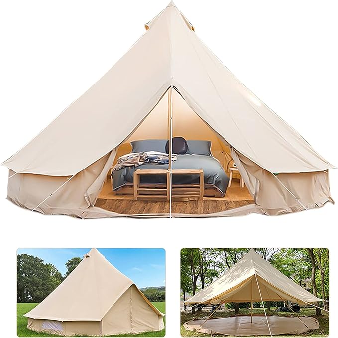 GeRRiT Outdoor Bell Tents Large Waterproof Canvas Glamping Yurt Tent with Zipped Groundsheet and Chimney for Family Camping Hiking Hunting Party Shelter, 3/4/5/6m