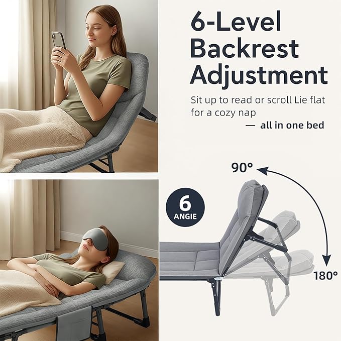 Chaise Lounge Chair, Folding Cot, 6-Angle Adjustable Camping Cot with Mattress for Patio and Beach, Foldable Bed Portable Heavy Duty Lay Flat Reclining with Pillow (Grey, XL - 80")