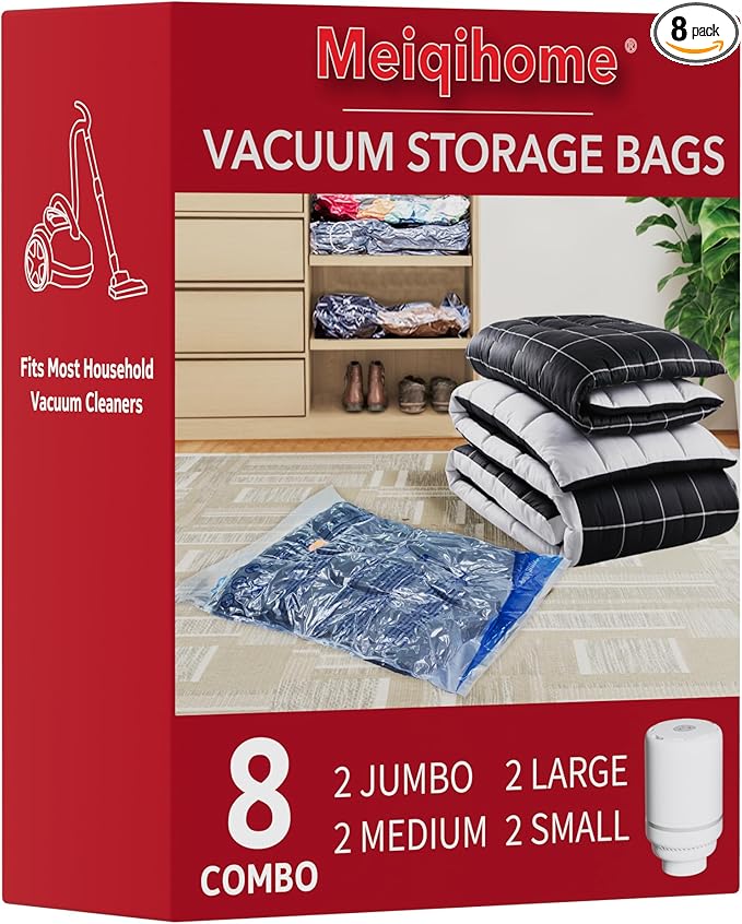 MEIQIHOME Vacuum Storage Bags, Space Saver Sealer Bags,Vacuum seal bags for clothing, Pillows, Comforters, Blankets, Bedding,Travel,8 Pack With Electric Pump