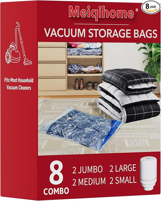 MEIQIHOME Vacuum Storage Bags, Space Saver Sealer Bags,Vacuum seal bags for clothing, Pillows, Comforters, Blankets, Bedding,Travel,8 Pack With Electric Pump