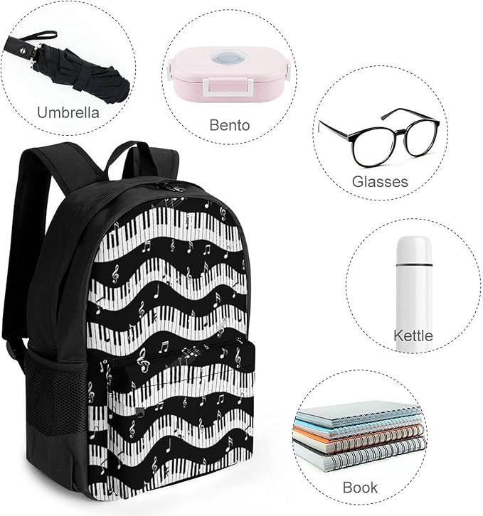 Daypack Backpack Polyester Multipurpose Anti-Theft Black And White Piano Keys Musical Notes Shoulder Bag Big Capacity Gym Outdoor Hiking Backpack With Smooth Zippers