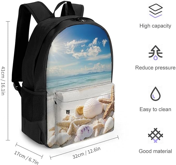 Lightweight Daypack Backpack for Sports Travel Running, Large Capacity Multipurpose Anti-Theft Bookbag, Ocean Beach Starfish Seashells Nature Starfish Shells Laptop Backpack Daypack