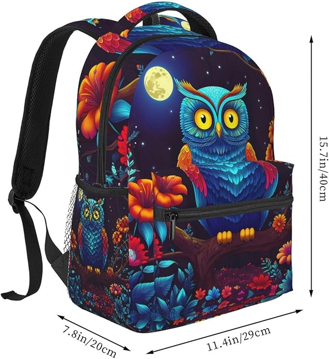 Polyester Daypack for Hiking Work Running, Big Capacity Anti-Theft Multipurpose Shoulder Bag, Trippy Owl Red Floral Moon Art Travel and Sport Backpack Rucksack