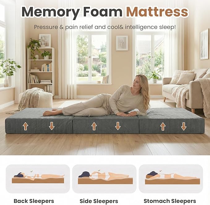 6-Inch Tri-Fold Mattress Queen Size, Covertible Bed Floor Futon Mattress with Handles & Non-Slip Bottom, Foldable Mattress with Removable Tufted for Guest, Camping, Dorm
