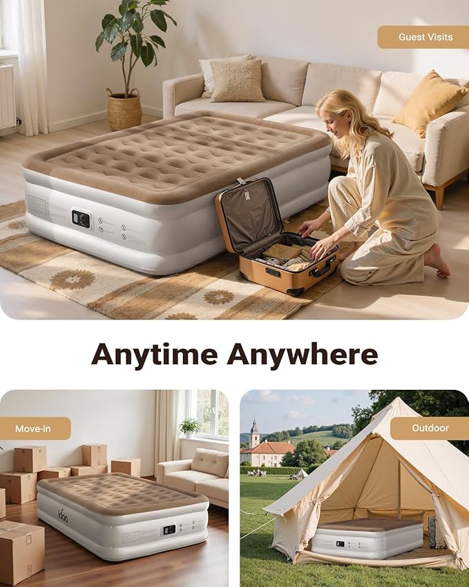iDOO Full Size Air Mattress with Built in Pump, Inflatable Blow Up Mattress for Home, Guests & Camping, Upgraded Wave Beam Support, Flocked Top & Fast Inflation, Portable Air Bed, Brown