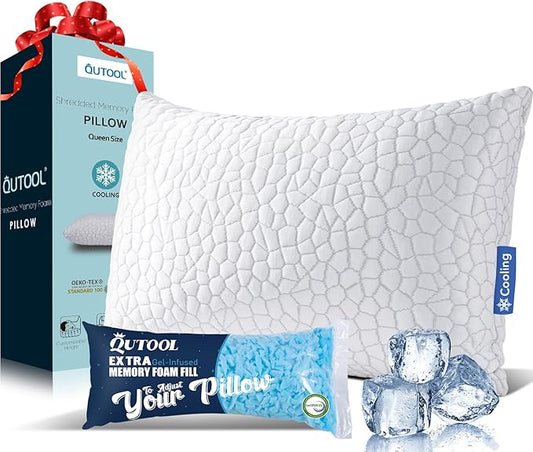 QUTOOL Shredded Memory Foam Pillows for Sleeping Queen Size, Cooling Gel Pillows for Hot Sleepers Adjustable Bed Pillow for Side and Back Sleeper, Breathable, Neck Support, White, Gift for Women Men