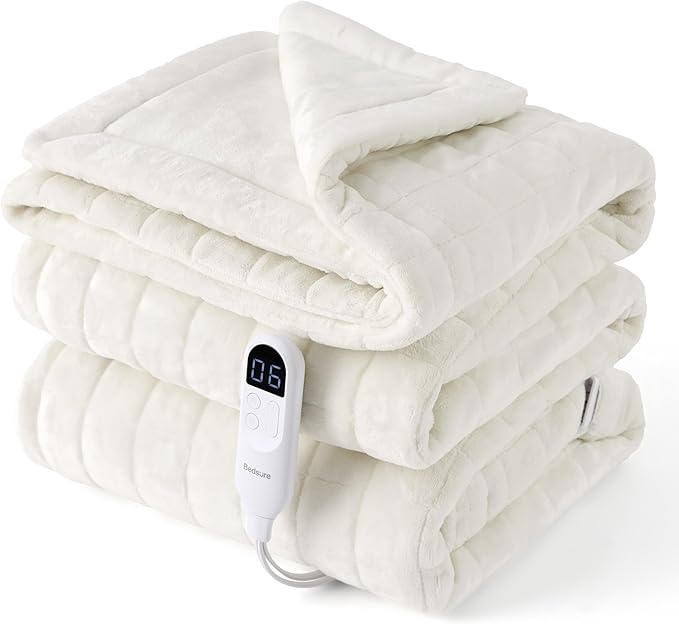 Bedsure Electric Blanket Twin - Quilted Heated Blanket Twin Size, Soft Flannel Thick Heating Blanket with 10 Time Settings & 6 Heat Settings, Warm Gifts for Women Men (62x84 inches, Ivory)