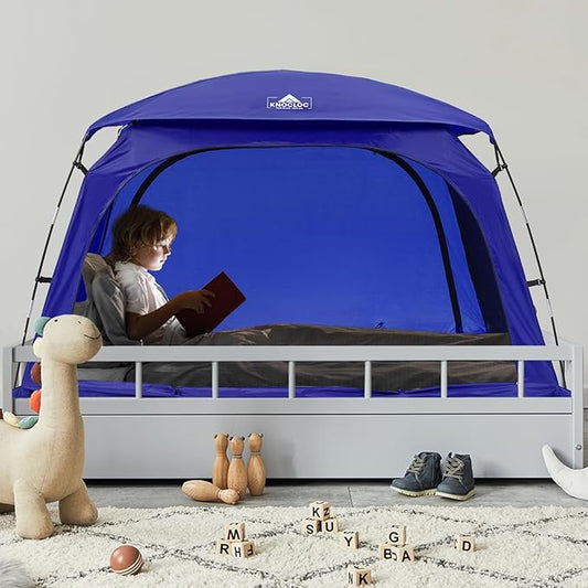 Twin Bed Tent for Boys Healthier Sleep & Privacy with Built-in Fan Pocket for Improved Airflow, CPC Certified Light Blocking Sensory Bed Tent for Boys' Sleep Independence, Sleepover(Blue)