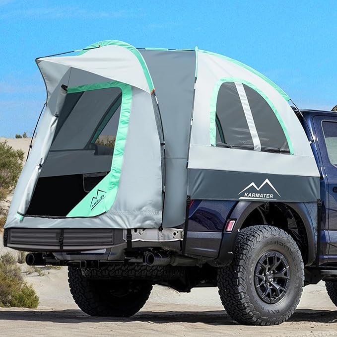 Pickup Truck Tent, Waterproof PU2000mm for Camping 5.5-6 Ft Bed,2-Person Sleeping with Double Layer Design Windows, Portable Overland Tent Expandable Triangle Sunshade Awning