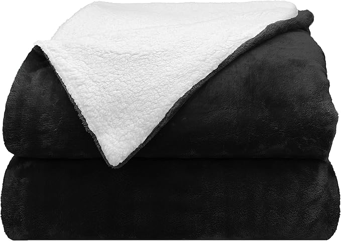 Comfort Lab Reversible Flannel Sherpa Throw Blanket - Elegant Fluffy Throw Blankets for Couch and Home Decor - Anti Pilling Non Shedding Cozy & Warm Fleece Throws - Oversize Throw (60" x 70") - Black
