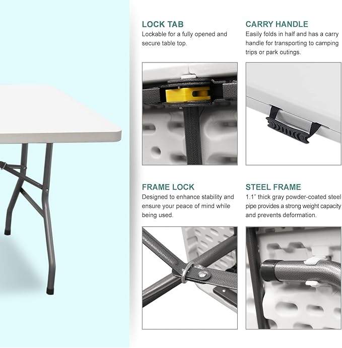 AJP Distributors 8 Foot Portable Plastic Folding Table 8FT 96" Half Foldable Heavy Duty Top w/Carry Handle - Indoor Outdoor Backyard Camping Picnic BBQ Party Wedding Dining Office Event Meeting White