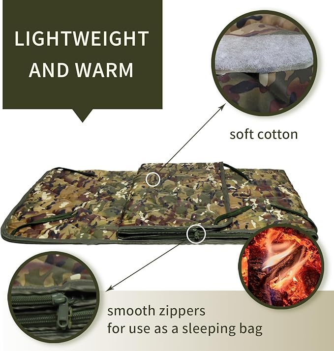 GRVCN Military Blanket - Camping Sleeping Bag with Zipper, Poncho Liner Thermal Insulated Blanket, Lightweight Portable Outdoor Hiking Survival Compression Carry Bag