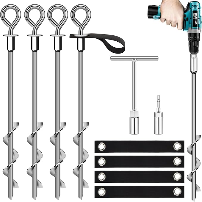 Trampoline Anchors Set of 4 - Heavy Duty Trampoline Stakes - Ground Anchors Resistant High Wind - Ground Stakes Heavy Duty with Straps(Silver-4x15)