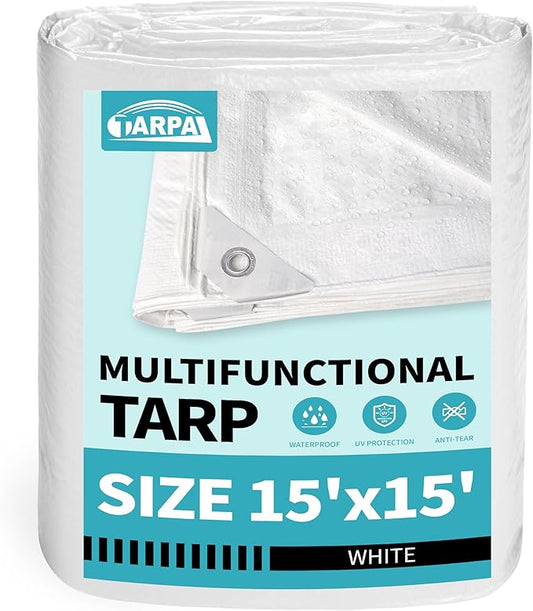 TARPAL 15x15 Feet White Tarp Waterproof Multipurpose Protective Cover All Purpose Poly Tarps Cover for Pool, Outdoor Furniture, Camping, Firewood, Boat,Roof Waterproofing