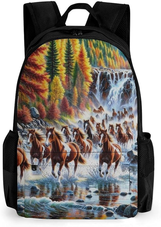 Supdreamc Rucksack Polyester Anti-Theft Multipurpose Beautiful Horses Running In River Waters Carry On Bag Large Capacity Travel and Sport Backpack Rucksack With Smooth Zippers