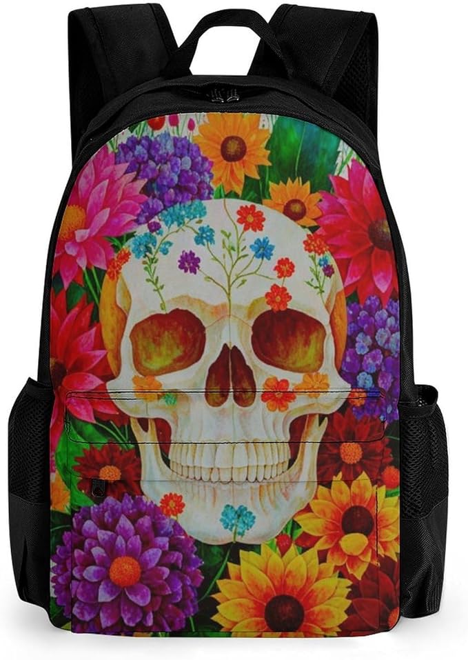 Rucksack Anti-Theft Multipurpose Big Capacity Carry On Bag, Colorful Sugar Skull Floral Traveling Camping Backpack With Side Pockets