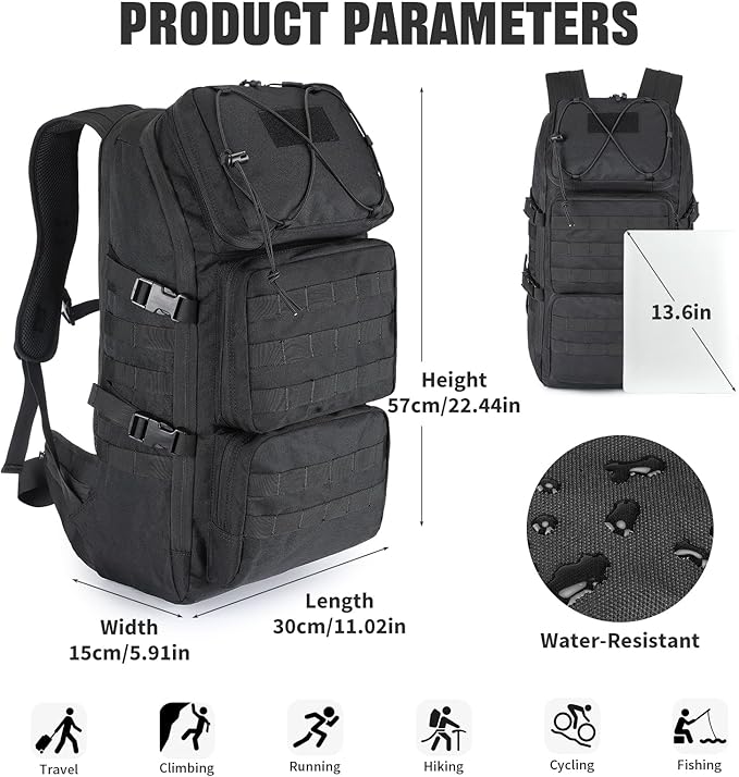 G-raphy Military 45L Military Tactical Backpacks For Men Camping Hiking Trekking Daypack Bug Out Bag Lage MOLLE (Black-45L)