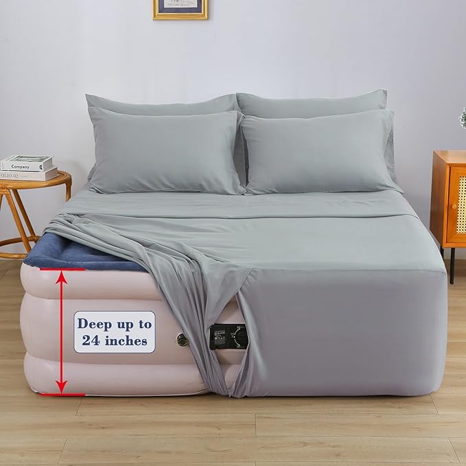 Air Mattress Sheet Set for 16-24 Inch Air Beds Full Size,Deep Pocket Fitted Sheet with Inflation Opening,Soft & Breathable, for Guests, Camping, RVs, Includes Pillowcase Flat Sheet Fitted Sheet,Gray