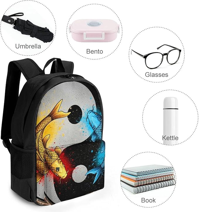 Men Women Lightweight Space Koifish Fish Yin Yang Backpack Large Capacity Carry On Bag With Padded Straps for Sports Work Walking Cycling