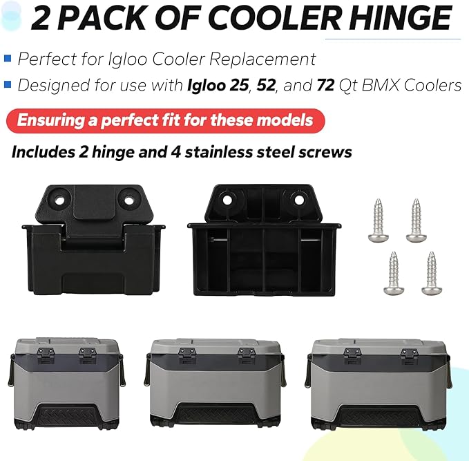 Cooler Hinges for Igloo 25, 52, 72 Qt BMX Coolers - Plastic Hinges Compatible with Igloo Style Ice Chests,Flexible Igloo Camping Cooler Accessories (Set of 2)