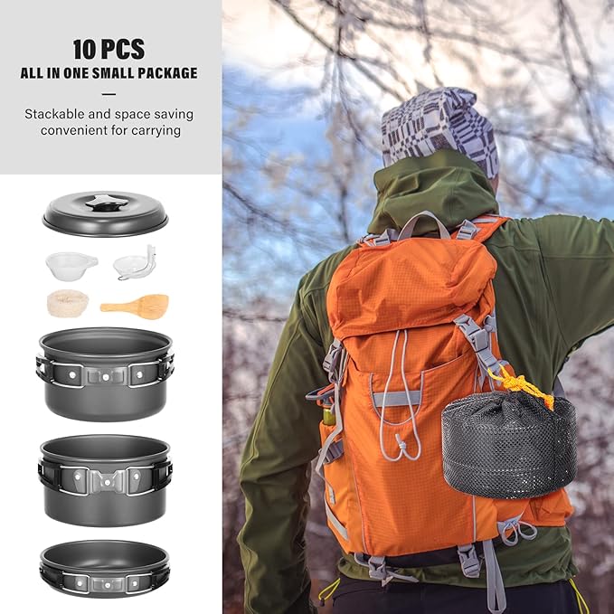 Lixada 10pcs Camping Cookware Mess Kit, Non-Stick Lightweight Stackable Pot Pan Bowls Camping Cooking Set with Storage Bag, Portable Outdoor Cookware Accessories for Backpacking Hiking Picnic