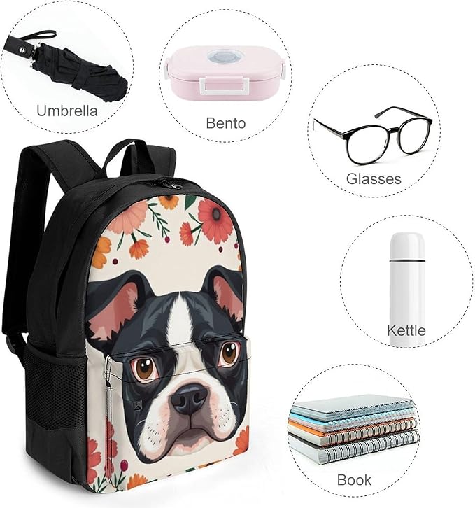 Supdreamc Polyester Daypack for Camping Travel Walking Cycling, Big Capacity Anti-Theft Multipurpose Bookbag, Boston Terrier Flower Floral Camping Outdoor Backpack