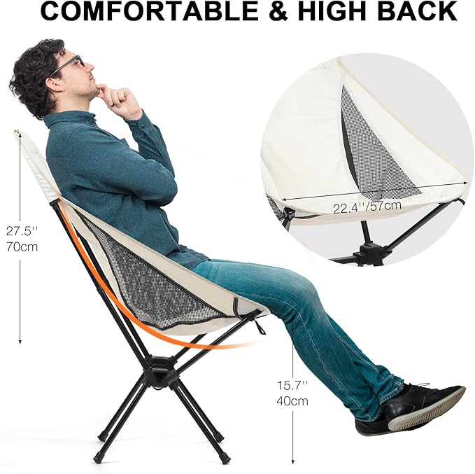 Foldable Lightweight High Back Camping Chair for Outdoor, Portable Travel Chair for Adults, White