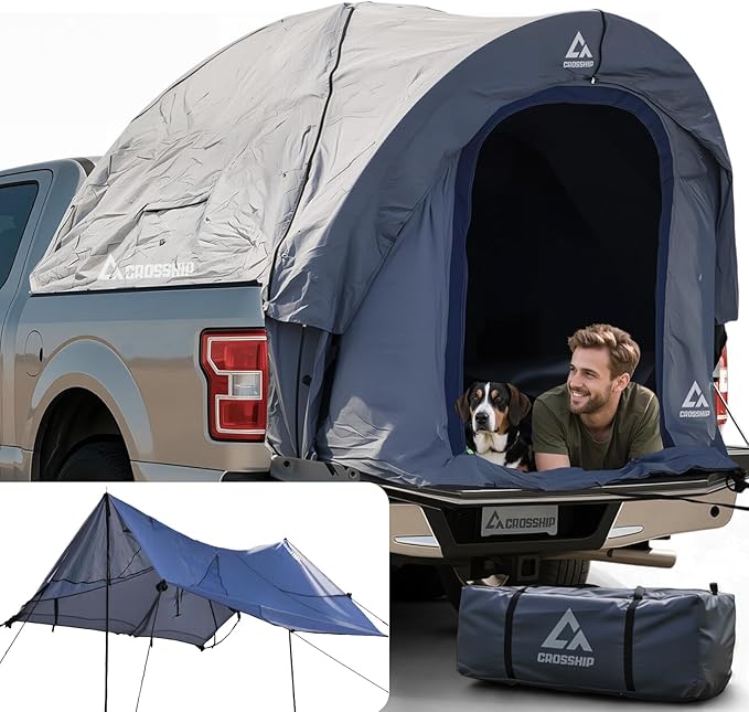 2-Person Truck Bed Tent with Awning, PU3000mm Waterproof Canopy with Insect-Prevention Mesh, Durable Anti-Tear Fabric, Easy Setup for Pickup Trucks (Fits 5.5–6ft Beds)