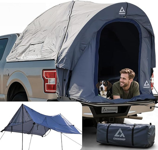 2-Person Truck Bed Tent with Awning, PU3000mm Waterproof Canopy with Insect-Prevention Mesh, Durable Anti-Tear Fabric, Easy Setup for Pickup Trucks (Fits 5.5–6ft Beds)