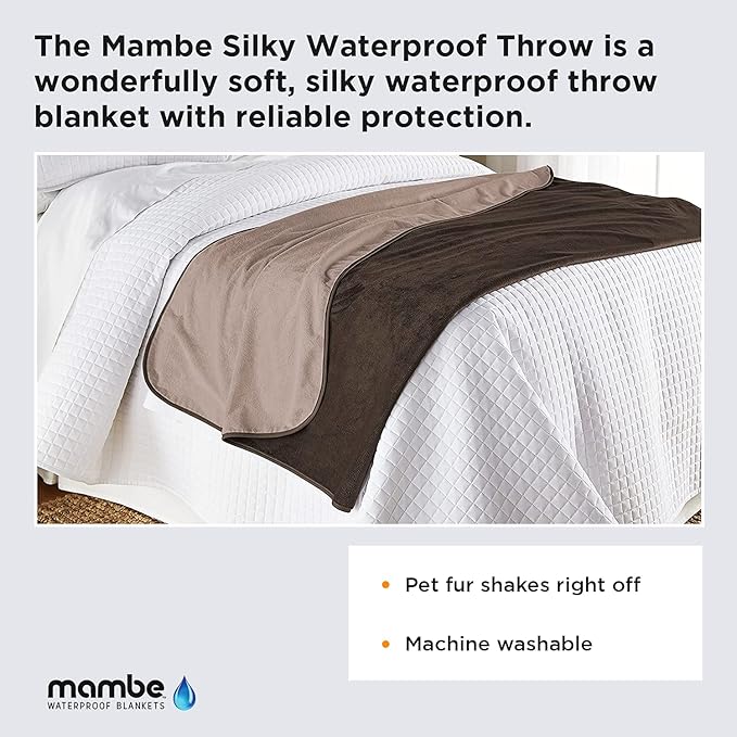 Mambe Silky Waterproof Throw for Protecting Furniture Bed Couch from Stains Caused by Dogs, Cats, Incontinence. Soft, Washable, Reversible. (Size Large 70x90 inches, Color Chocolate/Cappuccino)