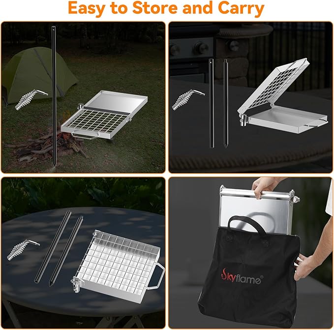 Skyflame Folding Campfire Grill Grate, Stainless Steel Swivel Camping Grill Grate and Griddle with Carrying Bag, Portable Outdoor Cooking Equipment for Open Flame Fire Pit, Backpacking, Camping