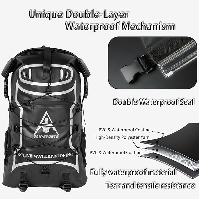 Oak-Sports Dry Bag Waterproof Backpack 5L/10L/20L, Roll Top Lightweight Beach Bag with Double Zipper Seal for Swimming, Kayaking, Hiking, Boating, Adjustable Shoulder Strap