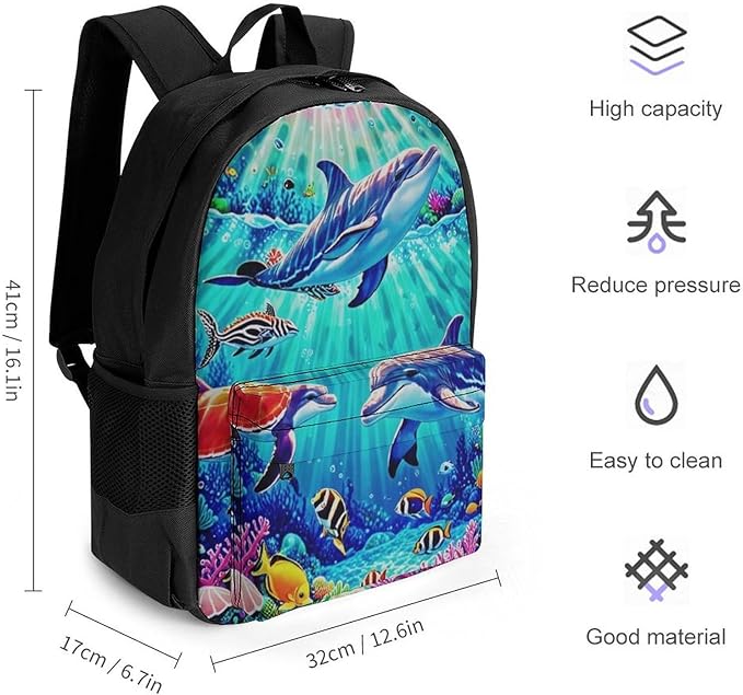 Supdreamc Men Women Lightweight Dolphins Sea Water Life Underwater Beautiful Sea World Daypack Bookbag Big Capacity Carry On Bag With Side Pockets for Camping Travel Bicycle