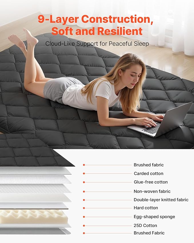 VEVOR 9-Layer Japanese Futon Mattress, 3.5" Thick Full Tatami Mat, Foldable Roll Up Mattress for Sleeping with Storage Bag, Portable Floor Mattress for Camping Dormitory Yoga, Black