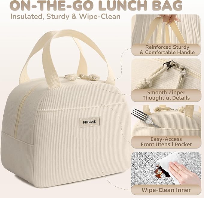 Lunch Bag for Women Men Cute Corduroy Lunch Tote Bags Reusable Insulated Lunch Box Large Capacity Reusable Insulated Cooler for Work/Picnic/Travel