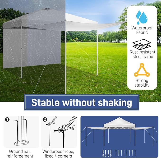 Outvita 10x10ft Ez Pop Up Canopy, Portable Instant Canopy Tent with 2pcs SideWalls and 4pcs Camping Upright Poles for Outdoor Events, Party, Wedding, Birthday,Graduation White