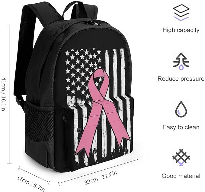 Supdreamc Daypack Backpack Anti-Theft Multipurpose Big Capacity Bookbag, Breast Cancer Awareness Pink Ribbon American Flag Business Computer Bag With Side Pockets