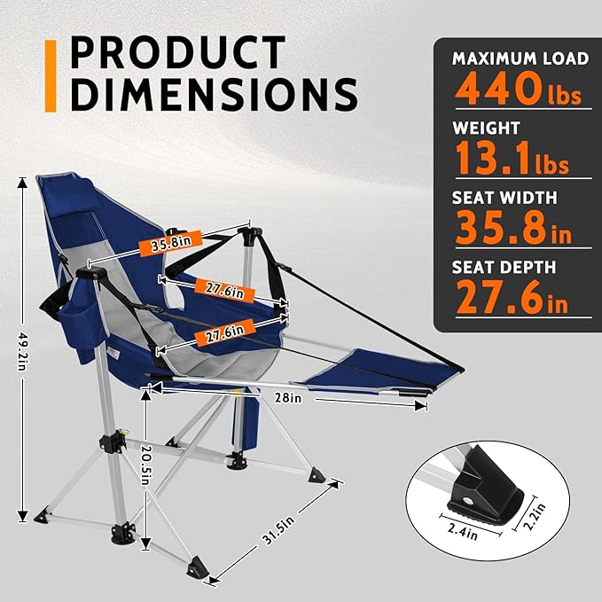 Romswi 2Pk Aluminum Hammock Camping Chair with Footrest, Oversized Portable Swinging Chair with Adjustable Back & Seat, Lightweight Folding Rocking Camp Chair Supports 440lbs for Outdoor, Patio Blue