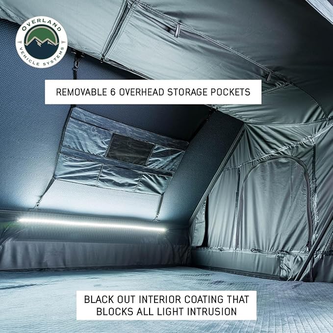 Overland Vehicle Systems XD Everest Cantilever Aluminum Hard Sheel Roof Top Tent with Black Out Kit - Grey Body & Black Rainfly