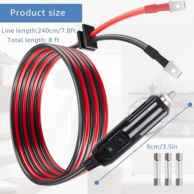 12V/24V Thermoelectric Cooler Power Cord Compatible with Coleman Electric Cooler Adapter 8 Feet Cooler Cord w/Fuse Plug-in Car Cooler Power