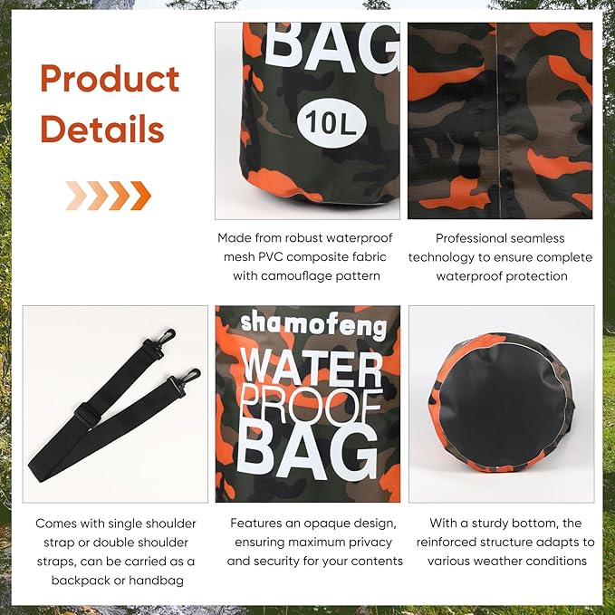 Waterproof Dry Bag 5L/10L/15L/20L/30L Roll Top Dry Storage Backpack with Phone Case, Collapsible Water Bottle, Sunglasses, Ear Band for Kayaking Boating Swimming Fishing Camping, Orange 30L