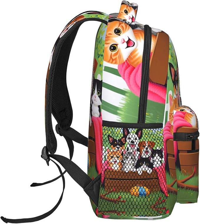 Men Women Lightweight Cute Animals Happy Dogs And Cats Art Casual Daypack Big Capacity Bookbag With Padded Straps for Gym Travel Walking Cycling