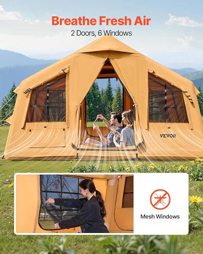 VEVOR Inflatable Tents for Camping, Easy Setup Blow up Tent with Hand Pump, 4 Season Glamping Tent with Stove Jack, Doors & Mesh Windows, Storage Bag Included for Easy Taking