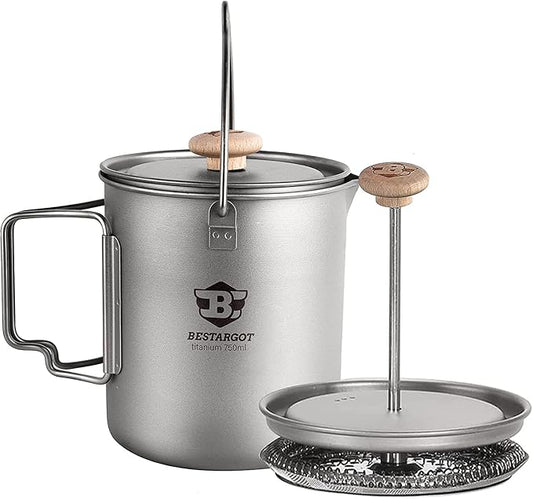 Bestargot Titanium Pot 750ml, Portable French Press | Ultralight Camping Pot for Coffee, Cooking & Survival | Compatible with Camp Stoves