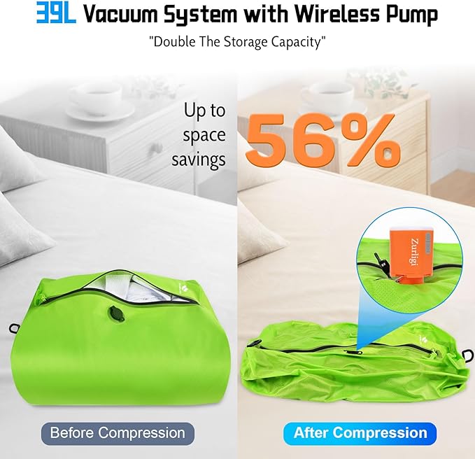 Zurligi Travel Vacuum Bags with Shoulder Strap & Mini Pump – IPX8 Waterproof Vacuum Seal Reusable 39L Carry-On Compression Bags for Clothes, Suitcase & Luggage(2-Pack, Green)